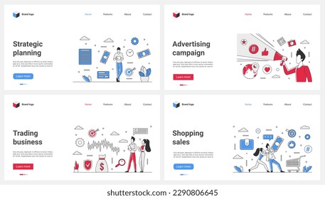 Strategic planning of advertising business campaign, online shopping and trade set vector illustration. Cartoon tiny people with megaphone plan sales growth, investment success, financial profit