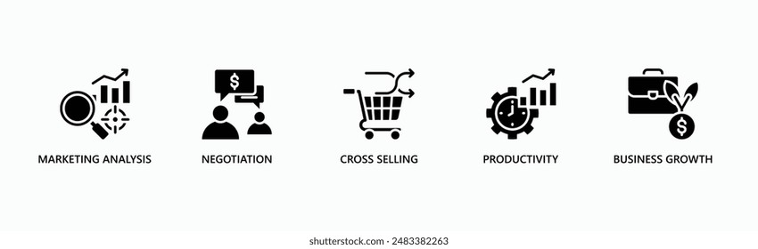 Strategic Planning Banner Web Icon Vector Illustration Concept With Icon Of Marketing Analysis, Negotiation, Cross Selling, Productivity, And Business Growth