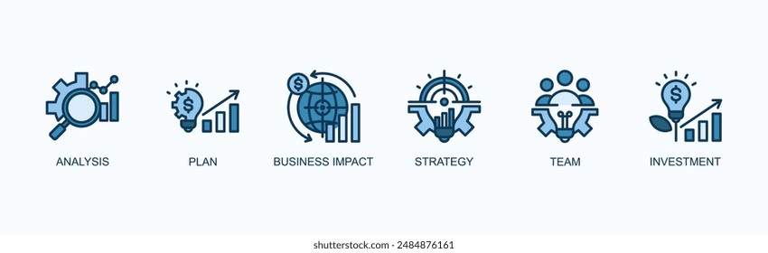 Concepto De Ilustración vectorial Del Icono Del Web Del Anuncio De La Planificación Estratégica Con El Análisis, Plan, Impacto Del Negocio, Estrategia, Equipo, Inversión