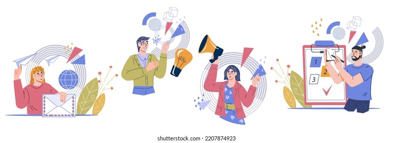 Strategic planning in business financial and business analytics set. People characters with money and graphs isolated on white background. Business plan and management process, successful strategy.