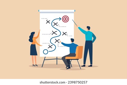 Strategic planning for business success. Team tackles obstacles with competitor analysis. Partners on a mission, using a tactic chart. Flat design vector for business training and office life.