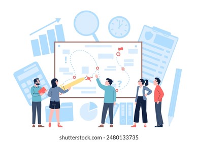 Strategic planning. Business team plan working process on whiteboard. Mistakes and right steps tactic corporate development, recent vector scene