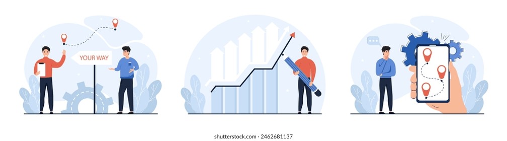 Planificación estratégica . Elegir el camino correcto, ayudar a elegir una estrategia de negocio, camino de vida. Concepto de selección de trazado. Ilustración vectorial