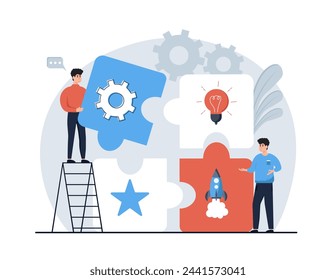Strategic planning concept. Character analyze data statistics, create development plan, improving strategy, create new ideas and promote them. Vector illustrations