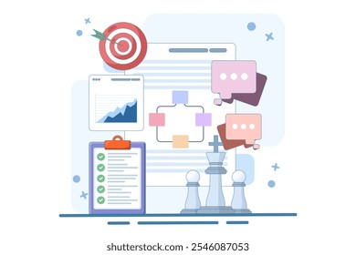 Strategisches Planungskonzept, Zielsetzung, organisatorische Ausrichtung, strategische Ausrichtung, strategische Vision, umsetzbare Ziele, Zielerreichung, flache Vektorgrafik auf Hintergrund.