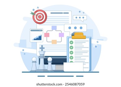 Strategisches Planungskonzept, Zielsetzung, organisatorische Ausrichtung, strategische Ausrichtung, strategische Vision, umsetzbare Ziele, Zielerreichung, flache Vektorgrafik auf Hintergrund.