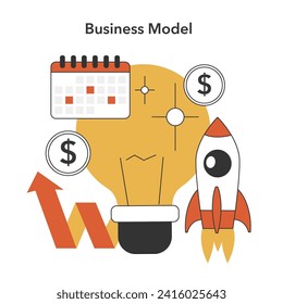 Concepto de planificación estratégica. Una bombilla que simboliza ideas y calendarios que marcan hitos junto con el crecimiento de los ingresos y el lanzamiento de cohetes. Proyecto de empresas rentables. Ilustración vectorial plana.