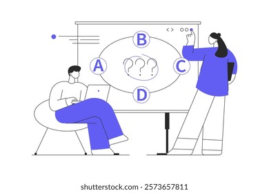 Strategic planning concept. Man and woman analyze business processes, create new solutions and innovations. A B C. Flat Cartoon Vector Illustration, icon. Stylish abstract 