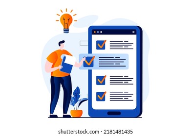 Strategic planning concept with people scene in flat cartoon design. Man develops strategy, sets tasks mobile app and organizes workflows to improve business. Vector illustration visual story for web