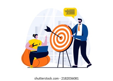 Strategic planning concept with people scene in flat cartoon design. Man and woman discuss work tasks, targeting, business development and startup launch. Vector illustration visual story for web