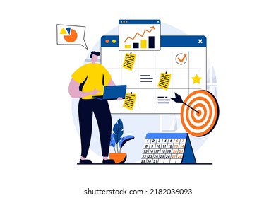 Strategic planning concept with people scene in flat cartoon design. Man analyzes data, develops strategy, organizes workflow and marks meetings in calendar. Vector illustration visual story for web