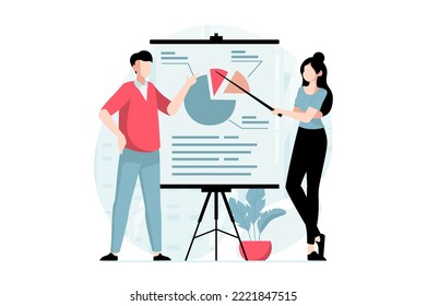 Strategic planning concept with people scene in flat design. Man and woman analyze company statistics at presentation and create development plan. Vector illustration with character situation for web