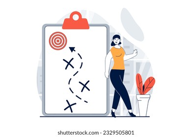 Strategic planning concept with people scene in flat design for web. Woman creating route scheme to goal for business development. Vector illustration for social media banner, marketing material.