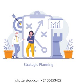Strategic Planning concept. Professionals engaged in goal-setting and market analysis to formulate long-term business strategies. Chess-like thinking in play. Vector illustration.
