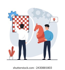 Strategic planning concept.Character analyze data statistics, create development plan, improving strategy, create new ideas and promote them. Vector illustrations