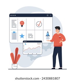 Strategic planning concept.Character analyze data statistics, create development plan, improving strategy, create new ideas and promote them. Vector illustrations