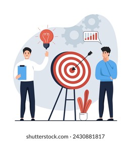 Strategic planning concept.Character analyze data statistics, create development plan, improving strategy, create new ideas and promote them. Vector illustrations
