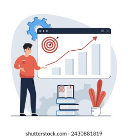 Strategic planning concept.Character analyze data statistics, create development plan, improving strategy, create new ideas and promote them. Vector illustrations