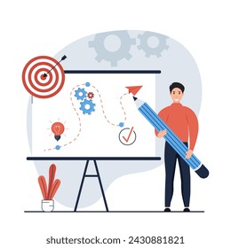 Strategic planning concept.Character analyze data statistics, create development plan, improving strategy, create new ideas and promote them. Vector illustrations