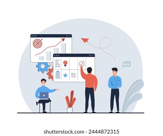 Strategisches Planungskonzept.Charakteranalysieren Sie Datenstatistiken, erstellen Sie Paket für Entwicklung, verbessern Sie die Strategie, erstellen Sie neue Ideen und fördern Sie sie. Vektorillustrationen