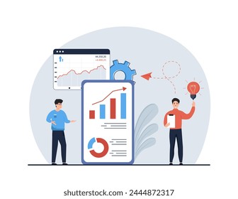 Strategic planning concept.Character analyze data statistics, create development plan, improving strategy, create new ideas and promote them. Vector illustrations
