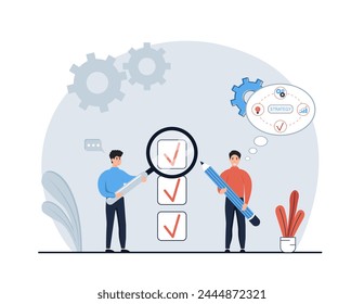Concepto de planificación estratégica.El carácter analiza estadísticas de datos, crea Plan de desarrollo, mejora la estrategia, crea nuevas ideas y promociónalas. Ilustraciones vectoriales