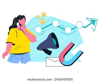 Strategic planning and digital marketing strategy, SMM manager thinks through an advertising campaign, flat vector illustration isolated on white background.