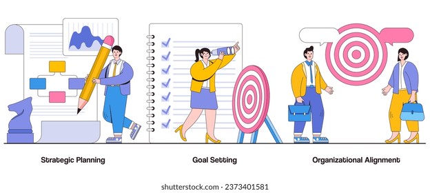 Strategic planning, goal setting, organizational alignment concept with character. Strategic direction abstract vector illustration set. Strategic vision, actionable objectives, goal attainment.