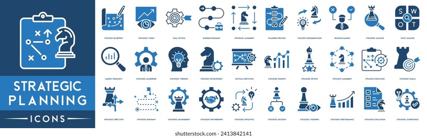 Symbol für strategische Planung gesetzt. Einschließlich der Symbole wie Marktforschung, strategische Führung, Denken, Entwicklung, Einblicke, Überprüfung, strategische Ziele, Fahrplan, Beschluss und strategische Leistung