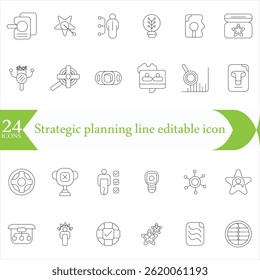 Strategic planning line editable icon set. Containing as business, planning, strategy, strategic plan, brainstorming, analysis, statistics, and more.