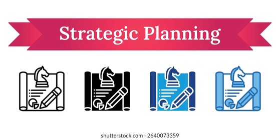 Strategic Planning Multi Style - Scroll with chess knight and pencil representing planning, analysis, and strategic thinking