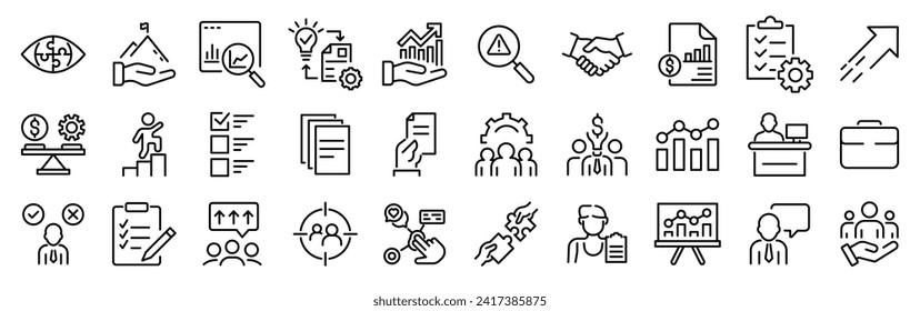 Planificación Estratégica. Iconos web de la línea de organización. Administración de empresas, reunión, conferencia. Ilustración vectorial. Icono de esquema. Trazo editable.