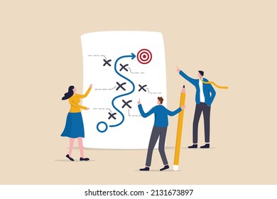 Strategic planning, plan to overcome difficulty or obstacle to reach goal or target, team brainstorm or competitor analysis, business success concept, business team planning for success tactic chart.