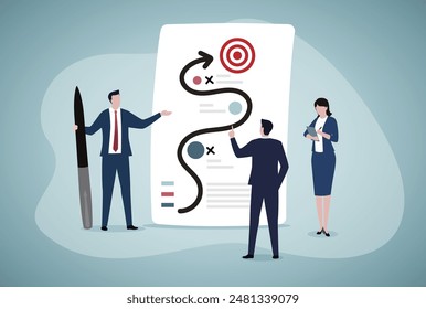 Strategic planning, plan to overcome difficulty or obstacle to reach goal or target, team brainstorm or competitor analysis, business success concept, business team planning for success tactic chart.