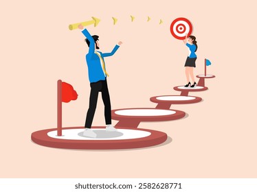 Strategic planning procedure, progress, success, career development, company advancement, timeframe, or winning solution concept, man hurling arrows toward success.