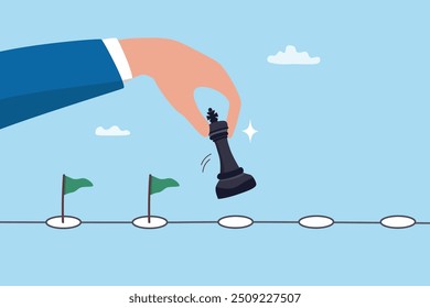 Strategic planning process, business or work progress achievement, journey, step to success, career development, timeline or winning solution concept, businessman move chess king step to achievement.