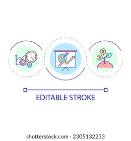 Icono de concepto de planeación estratégica para mejorar la rentabilidad. Ilustración delgada de la idea abstracta de la estrategia de crecimiento del ingreso. Dibujo de contorno aislado. Trazo editable. Tipo de letra arial utilizado