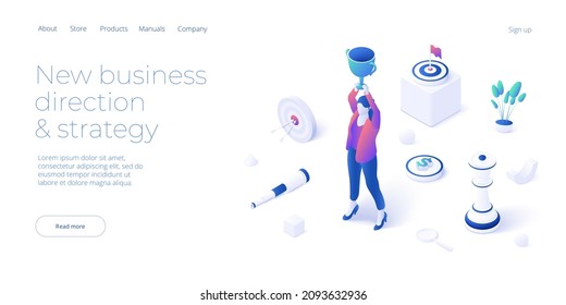 Strategic planning success vector illustration in isometric design. Business strategy analysis and vision concept with woman holding winner cup. Web banner layout