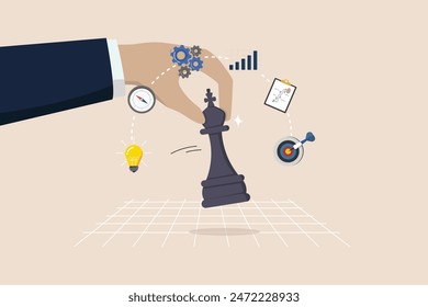 Strategic planning, tactic to win business competition, decision concept, challenge to achieve target, businessman hand on strategic chess king.