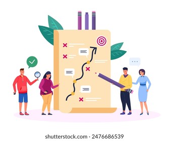 Strategic planning team. Impediment business development teamwork group organization plan checklist discussion corporate improvement strategy adversity analysis vector illustration