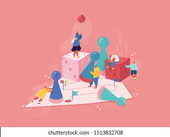 Strategic Planning, Teamwork Concept. People Characters Playing Board Game, Throwing The Dice. Business Risk And Gambling Concept. Winning Male And Female Illustration. Cartoon Vector