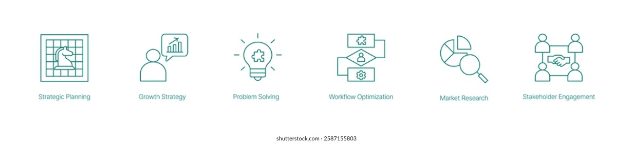 Strategic Planning Vector Icon Set for Business Growth Problem Solving Workflow Optimization Market Research and Stakeholder Engagement