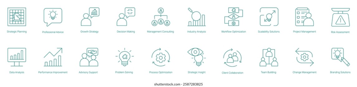 Strategic Planning Vector Icon Set for Growth Strategy Decision Making Management Consulting and Workflow Optimization