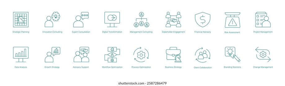 Strategic Planning Vector Icon Set for Innovation Consulting Expert Consultation and Risk Assessment