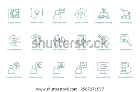 Strategic Planning Vector Icon Set for Professional Advice Expert Consultation Business Solutions and Management Consulting