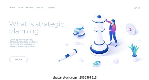 Strategic planning vector illustration in isometric design. Business strategy analysis and vision concept with queen chess piece. Web banner layout.