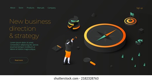 Strategic planning vector illustration in isometric design. Business strategy analysis and vision concept with queen chess piece and woman with spyglass. Web banner layout.