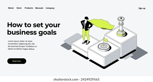 Strategic planning vector illustration in isometric design. Business strategy analysis and vision concept with queen chess piece and woman with spyglass. Web banner layout.