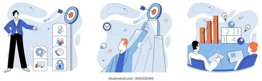 Strategic planning. Vector illustration. Overcoming difficulties during planning process strengthens strategy Generating novel ideas fuels strategic goal attainment Setting ambitious targets