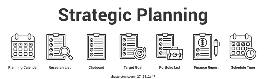 Strategic Planning web banner icon set vector illustration concept for business with icon of Planning Calendar, Research List, Clipboard, Target Goal, Portfolio List, Finance Repo.